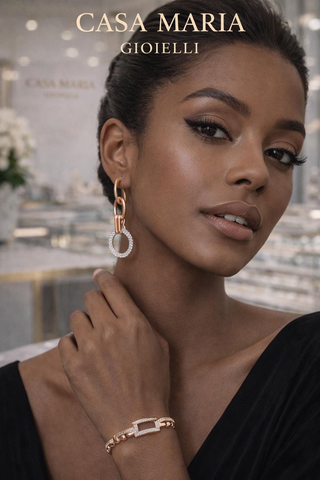 Rosa Eterna Drops | 14K 585 Solid Rose Gold Earrings | White Diamonds | Casa Maria Gioielli