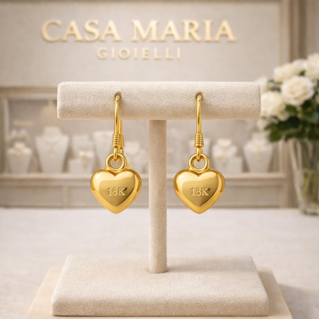 18K Yellow Gold Heart Drop Earrings | Elegant Dangle, Casa Maria Gioielli