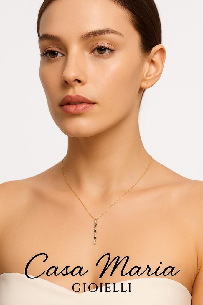 10K Yellow Gold Emerald Bar Pendant Necklace: Lab-Grown Diamond Accents