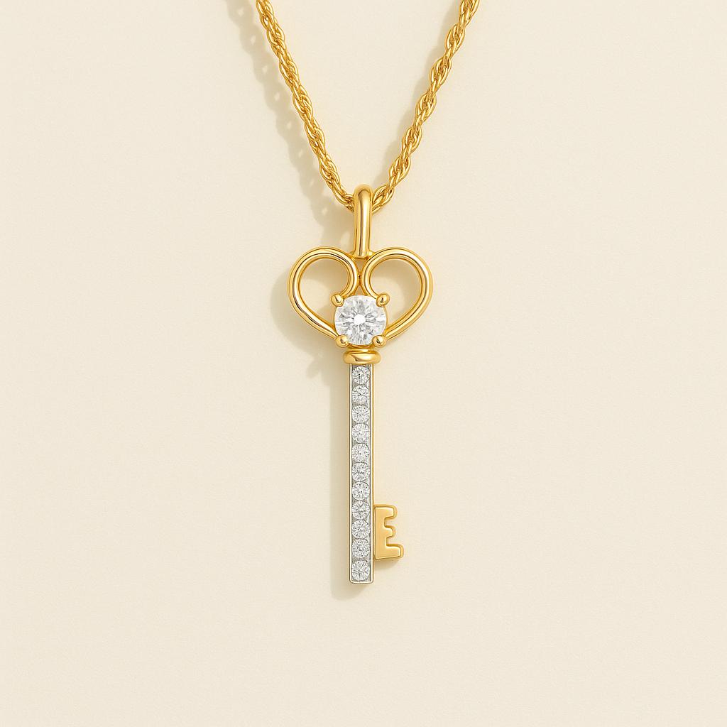 24K Gold Heart Key Necklace | Lab Grown Diamond Pendant