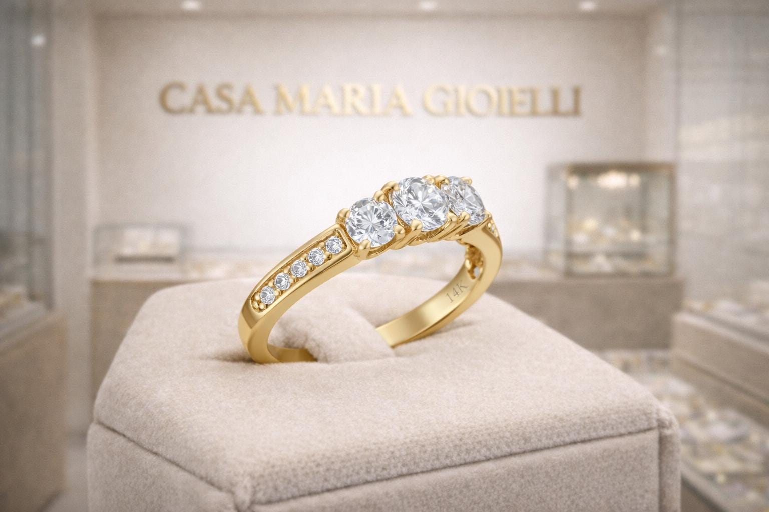 Anello Tre Stelle Engagement Ring | 14K Yellow Gold | Casa Maria Gioielli
