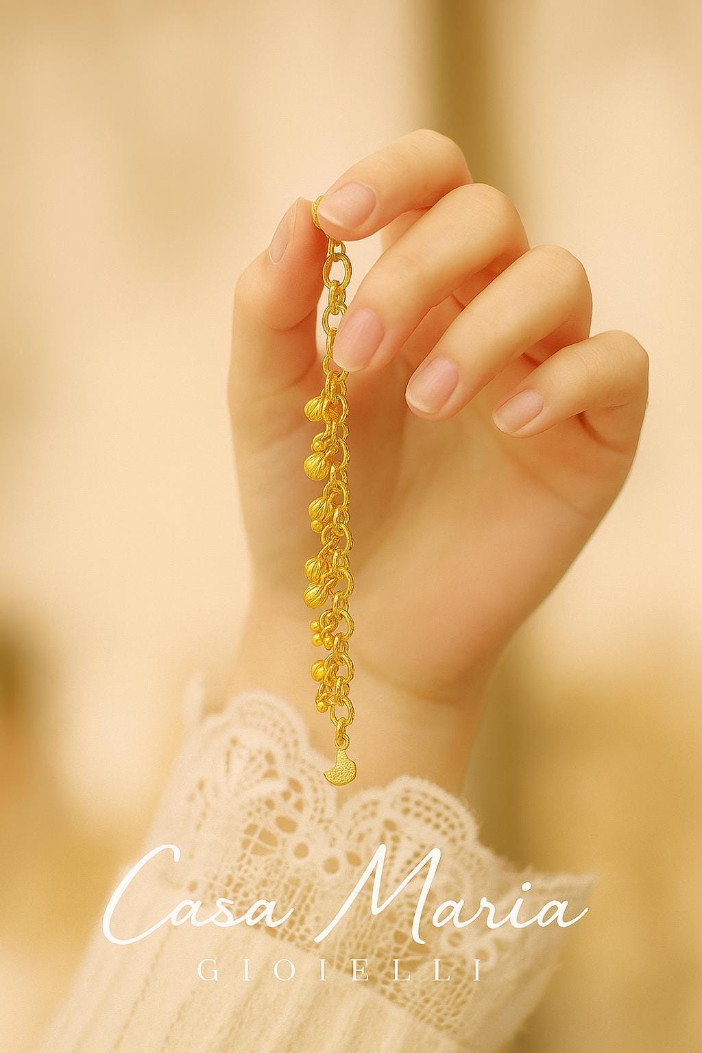 Bracciale Campanella Charm Bracelet - 24k Hollow Yellow Gold  -Casa Maria Gioielli