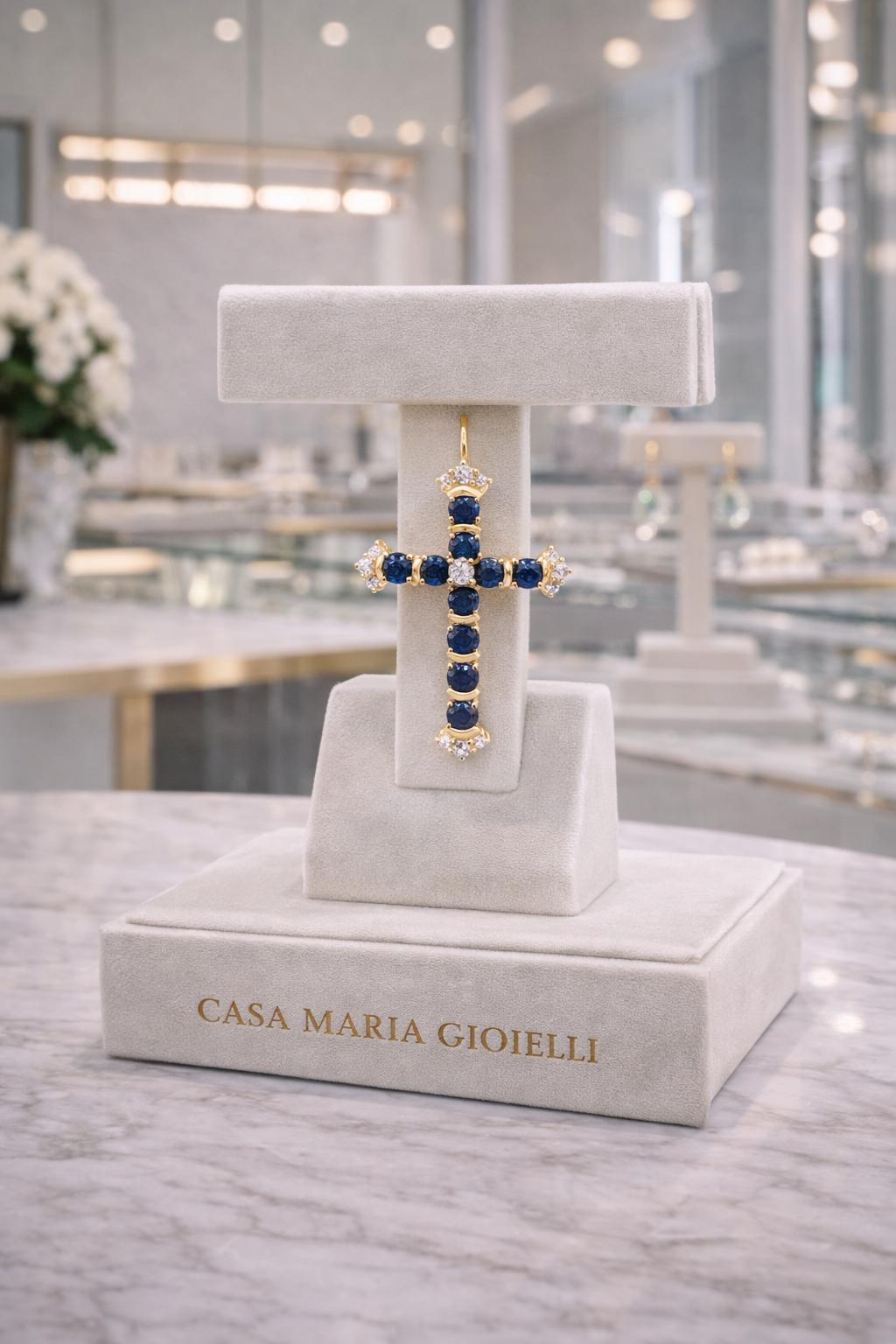 Croce di Zaffiri Reali | Royal Sapphire Cross 14k Solid Yellow Gold | Casa Maria Gioielli
