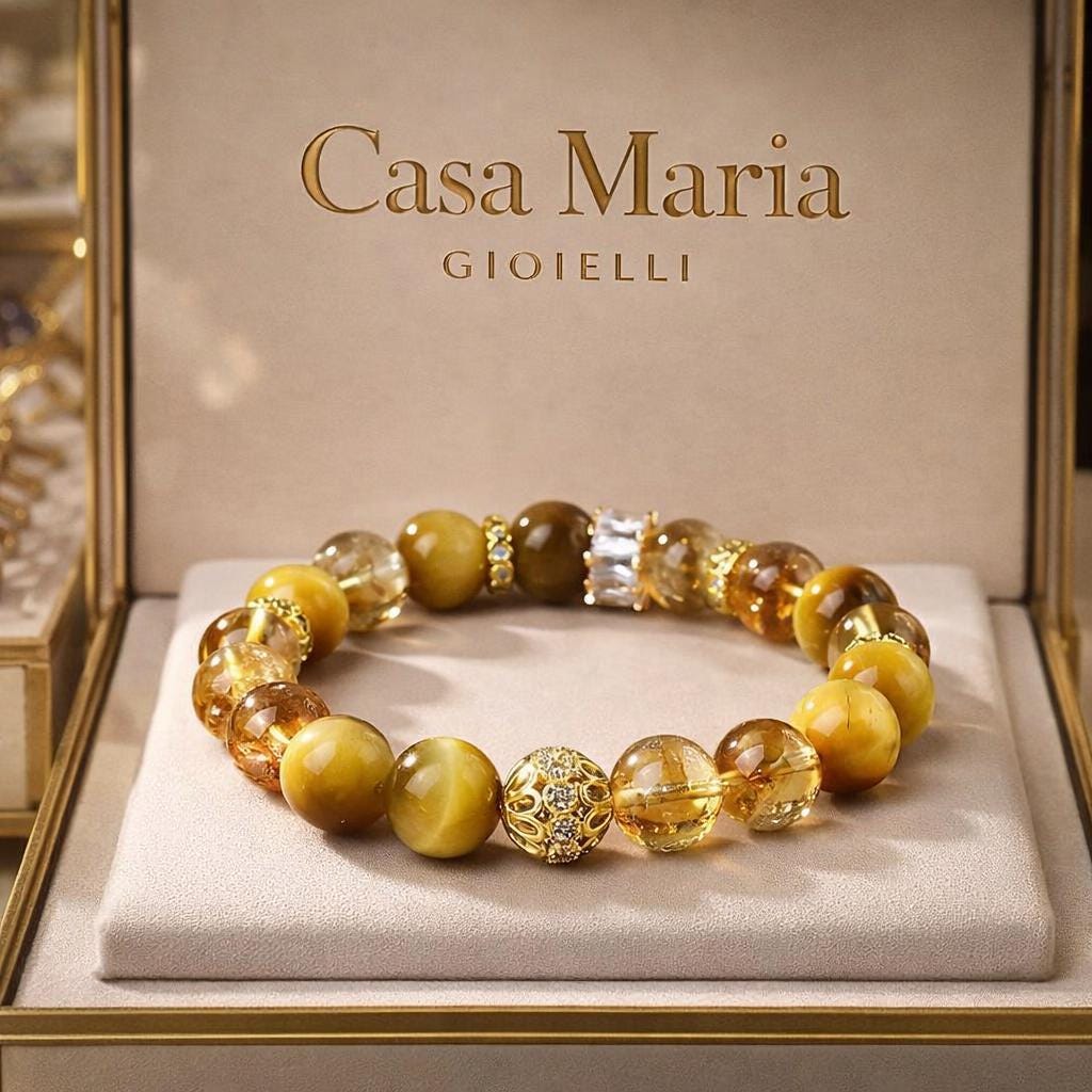 Natural Tiger Eye & Citrine Charm Bracelet – 10mm Round Gold Bead | Hand-Woven Single