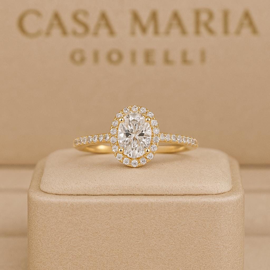 14K Yellow Gold Oval Lab Diamond Halo Engagement Ring • Solitaire