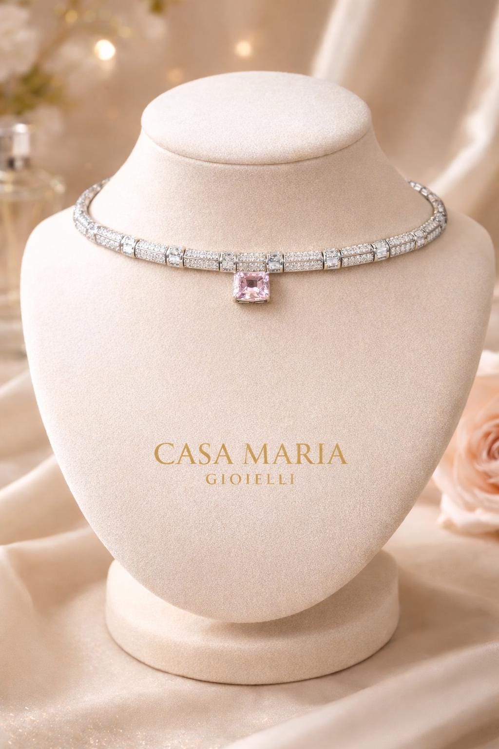 Architettura Rosa Necklace | 925 Sterling Silver | Lab Grown Diamond Sapphire Gemstone | Casa Maria Gioielli