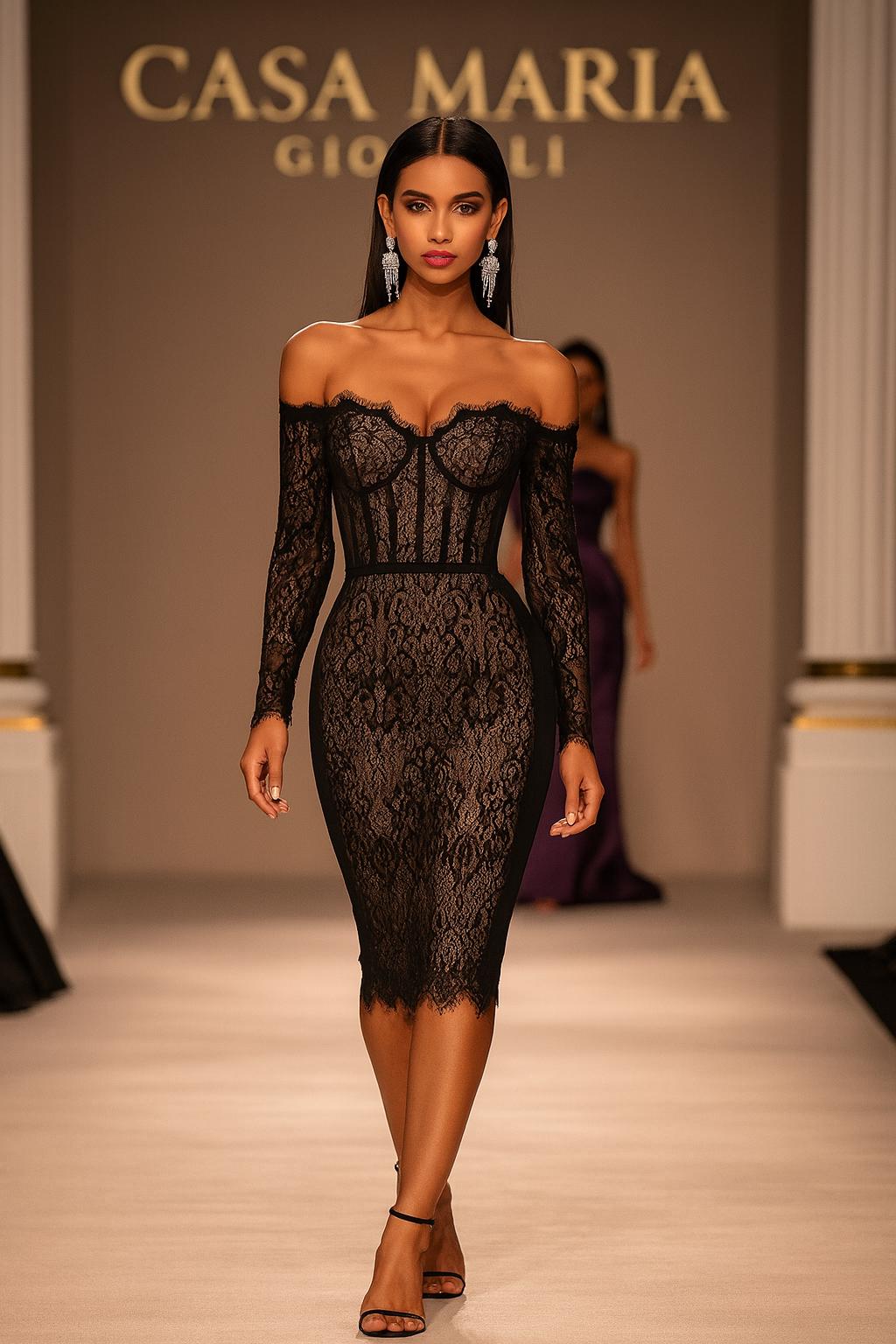 Abito “Nerissima Eleganza” | Black Lace Off-Shoulder Corset Midi Dress | Evening Wear | Casa Maria Gioielli