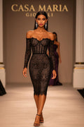 Abito “Nerissima Eleganza” | Black Lace Off-Shoulder Corset Midi Dress | Evening Wear | Casa Maria Gioielli
