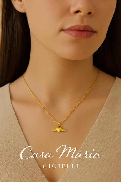 24k Hollow Yellow Gold Winged Heart Necklace | Casa Maria Gioielli