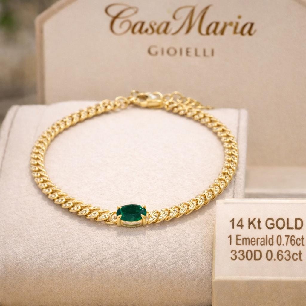 14K Yellow Gold Emerald Diamond Cuban Link Bracelet