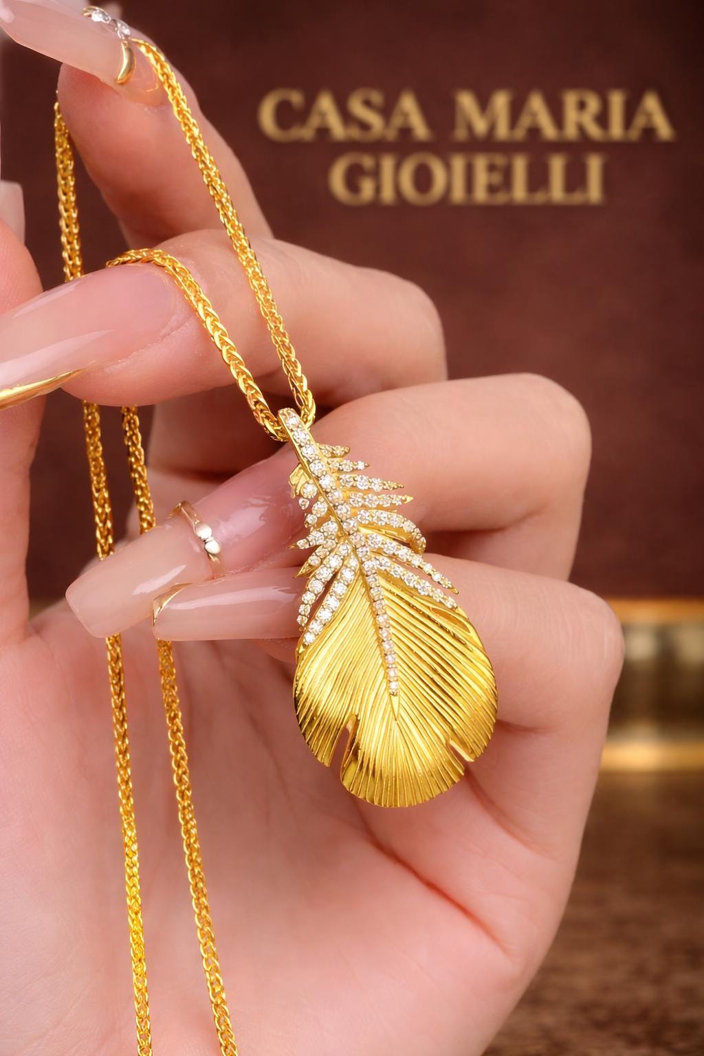 Piuma Aurea Necklace Pendant | 24K Hollow Yellow Gold AU9999 | Lab Grown Diamonds | Casa Gioielli