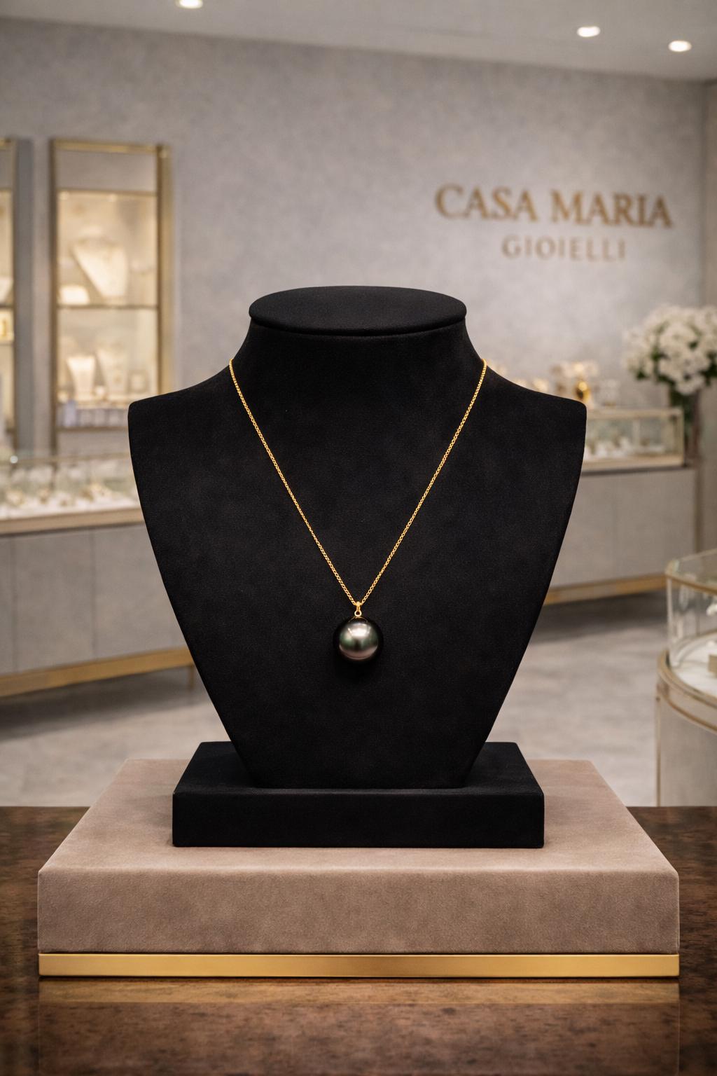 Perla Eterna | AAA++ Tahitian Black Pearl Pendant Necklace 18K Vermeil Gold | Casa Maria Gioielli