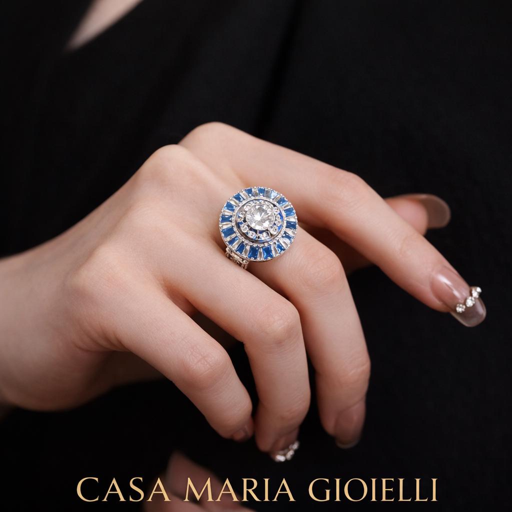Luce di Mare Ring | Platinum | Lab Grown Baguette Diamonds Blue Stones | Casa Maria Gioielli