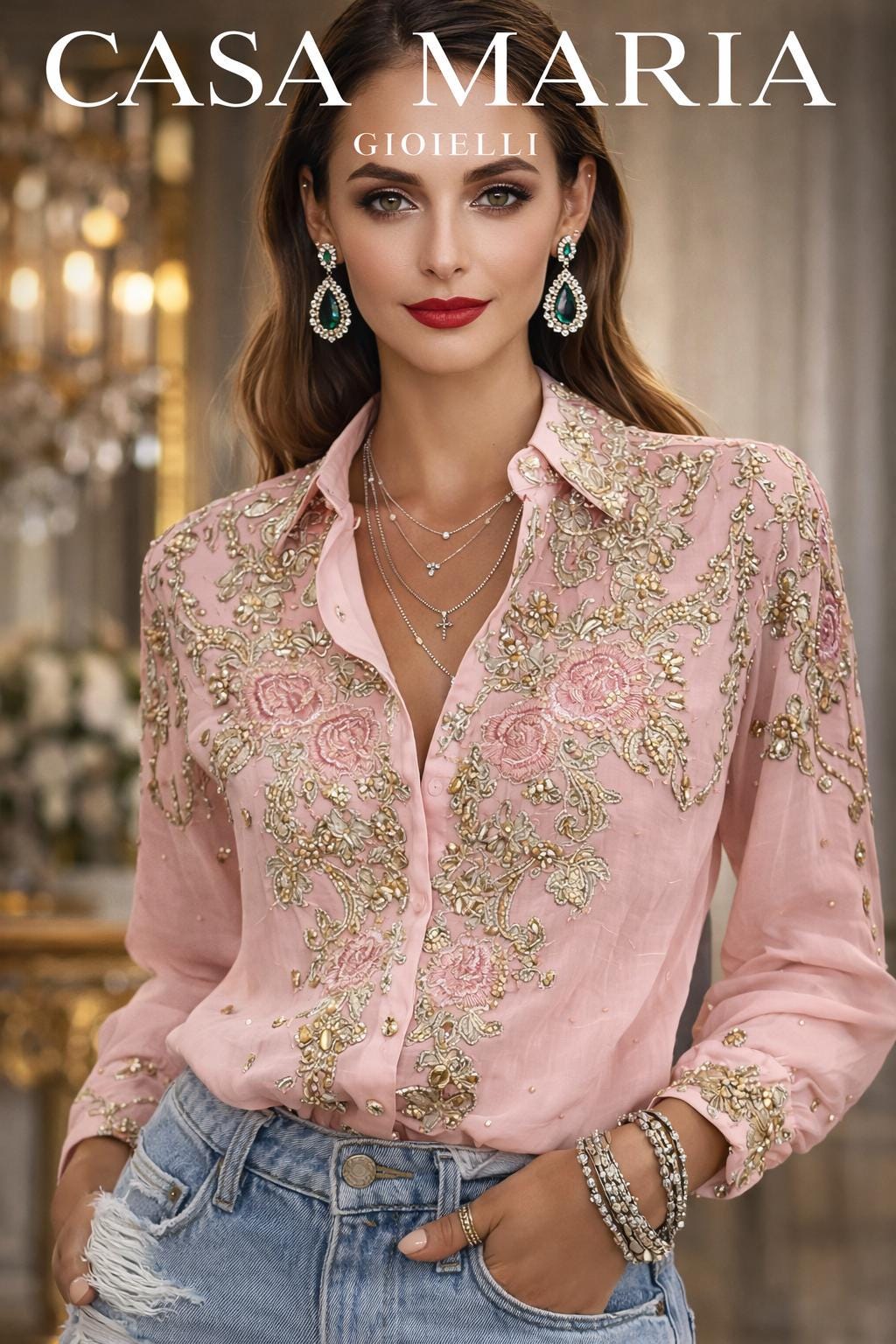 Rosa di Seta Blouse Exquisite Hand Style Embroidery | Casa Maria Gioielli