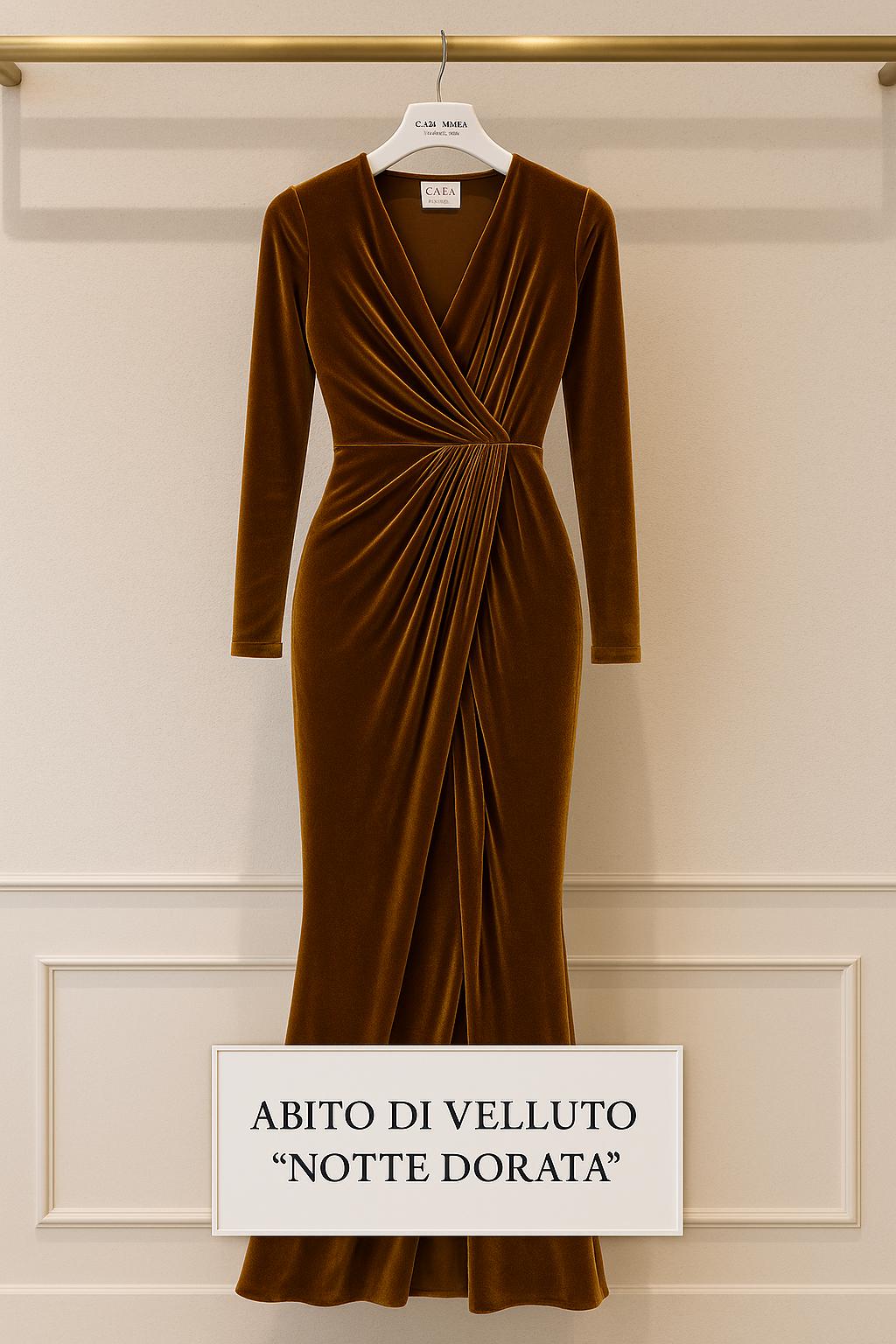 Cocoa Velvet Dress, Italian Couture Gown, Long Sleeve