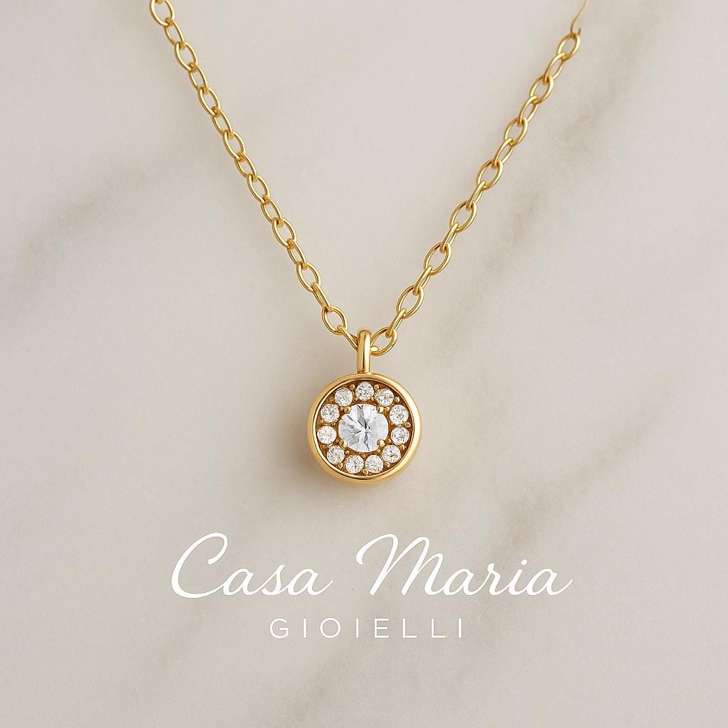 10K Gold Halo Pendant Necklace: Cubic Zirconia, Dainty Cable Chain