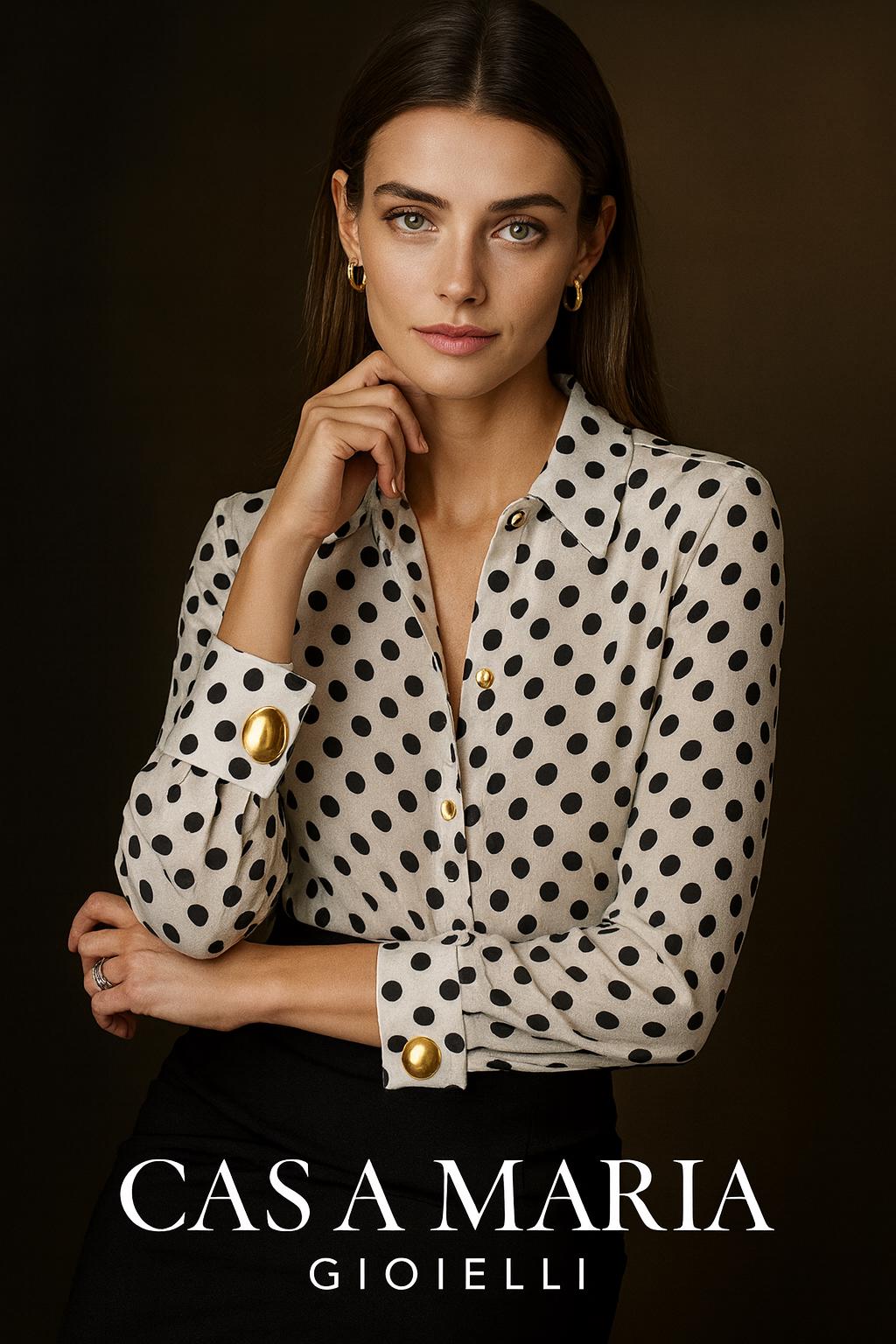 Silk-Infused Crepe Polka Dot Blouse | Designer Button-Up with Gold Accents