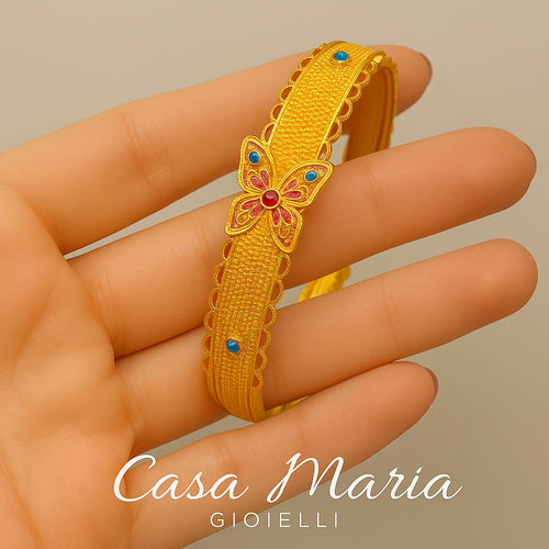 24K Solid Gold Butterfly Lace Bracelet: Topaz & Sapphire Gems