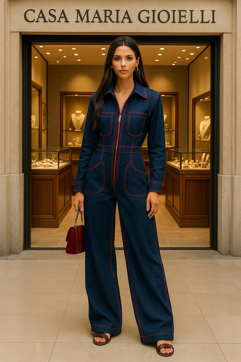 Vintage Denim Jumpsuit | Red Topstitching, Wide-Leg, Lapel Collar