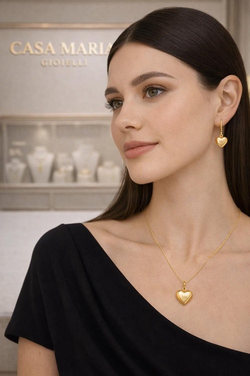 18K Yellow Gold Heart Drop Earrings | Elegant Dangle, Casa Maria Gioielli