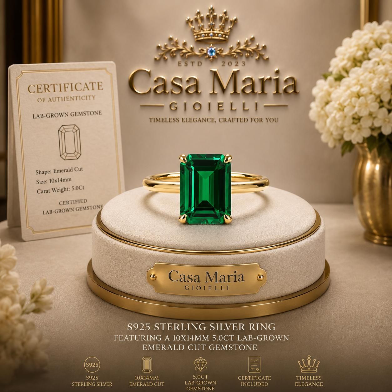 Verde Imperiale Solitaire Ring | S925 Gold Plated Sterling Silver, Emerald Cut Gemstone