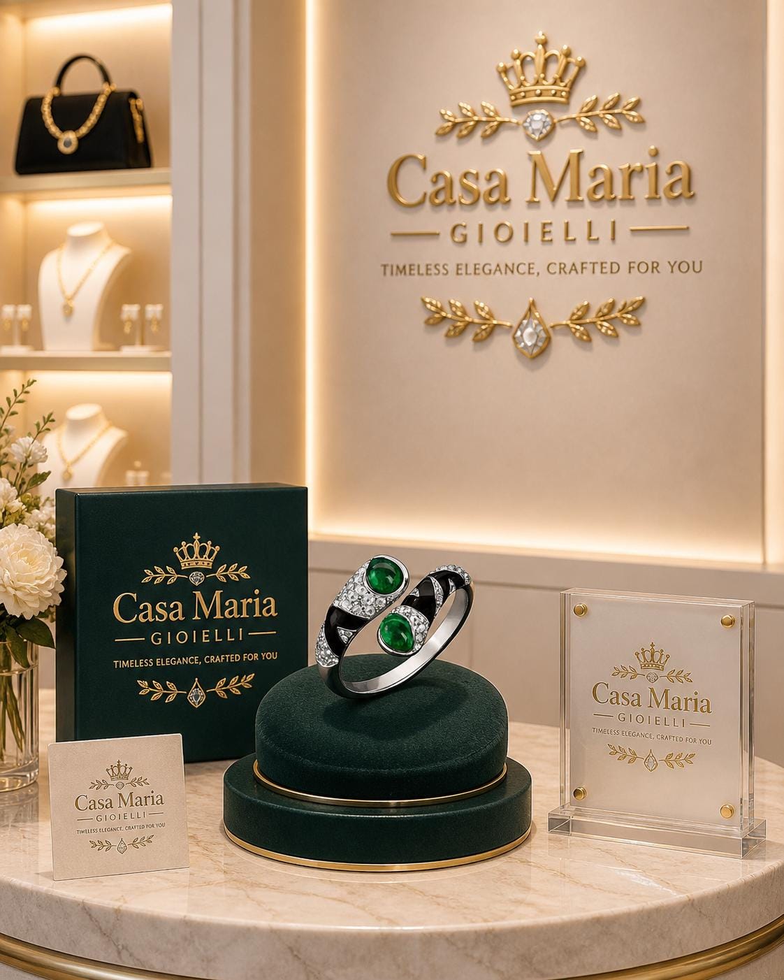 Fiori Selvaggi Ring | 14K White Gold | 925 Sterling Silver Lab Grown Diamond Emerald Gem | Casa Maria Gioielli