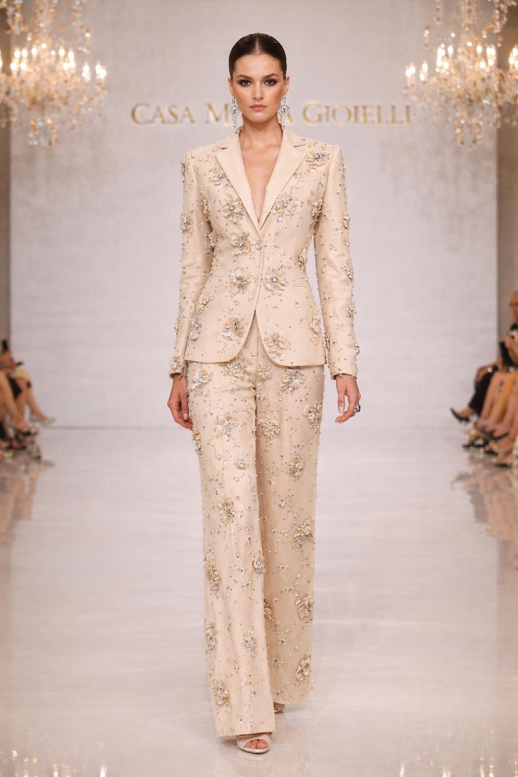 Luce di Petali” Sculpted Soft Champagne Blazer Pant Set by Casa Maria Gioielli