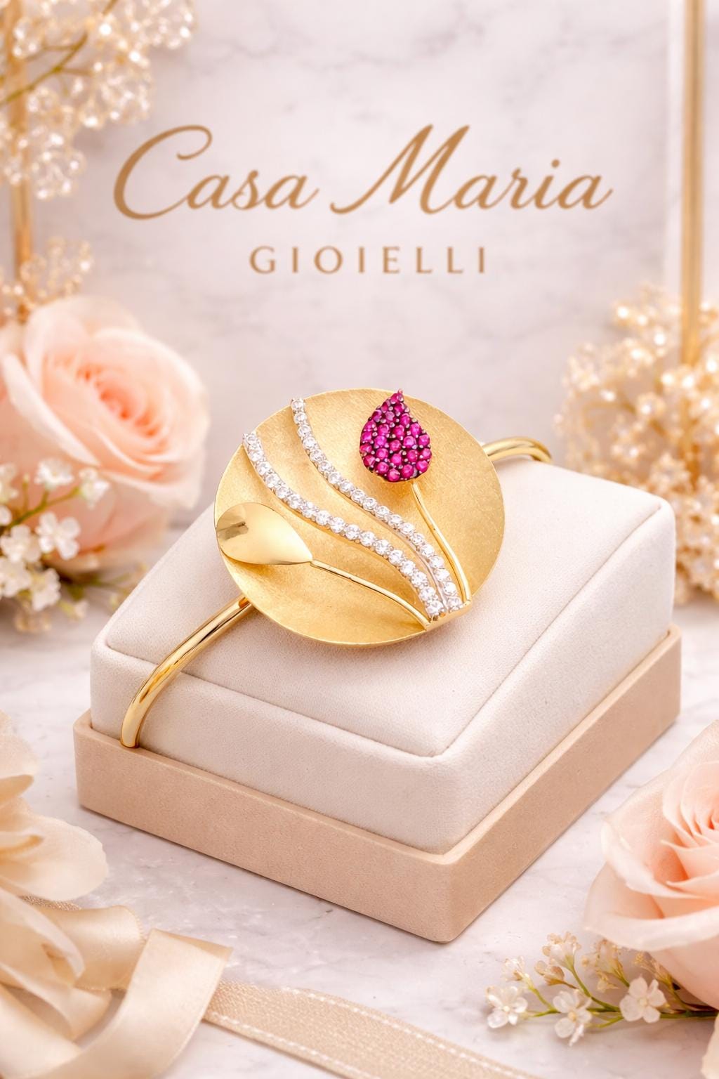 Foglia Aurea Bangle | 18K Yellow Gold | Lab Grown Diamonds & Ruby | Casa Maria Gioielli