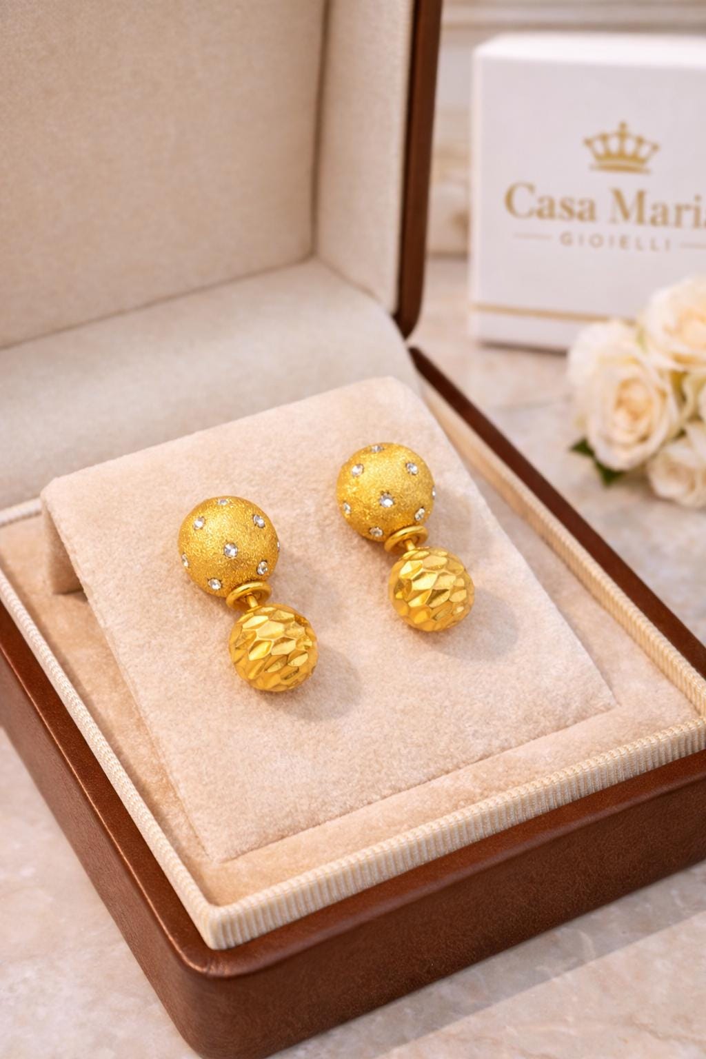Doppia Sfera Studs | 24K Hollow Yellow Gold | Lab Grown Diamonds | Casa Maria Gioielli