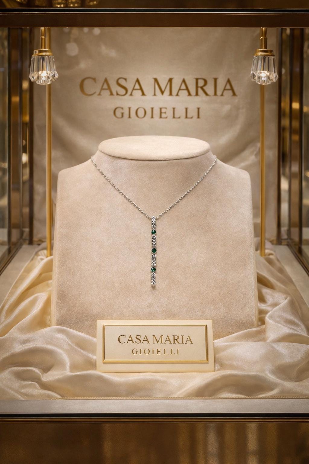 10K White Gold Bar Necklace | Natural Emeralds, Lab Diamonds | Casa Maria Gioielli
