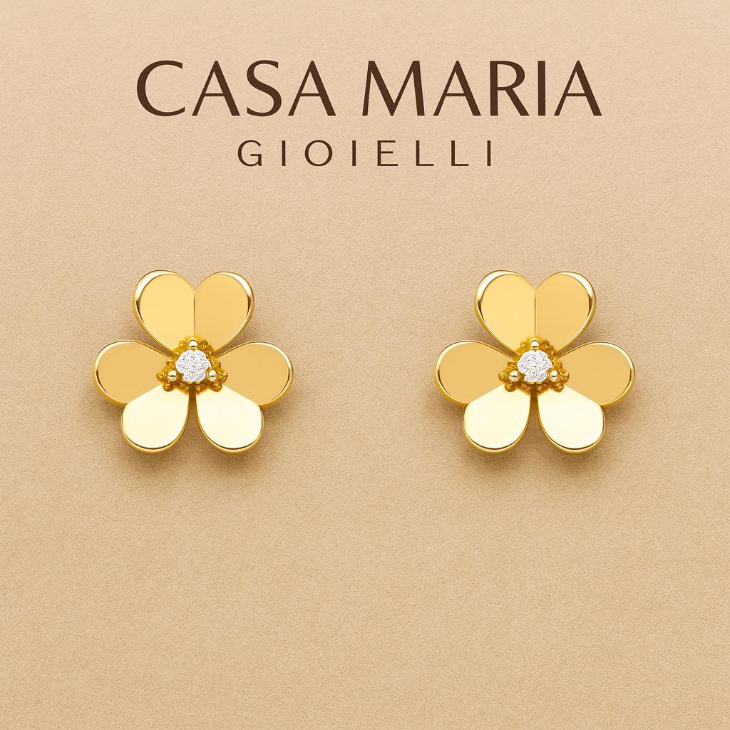 24K Gold Rose Stud Earrings: Casa Maria Gioielli, 0.32ct Diamond