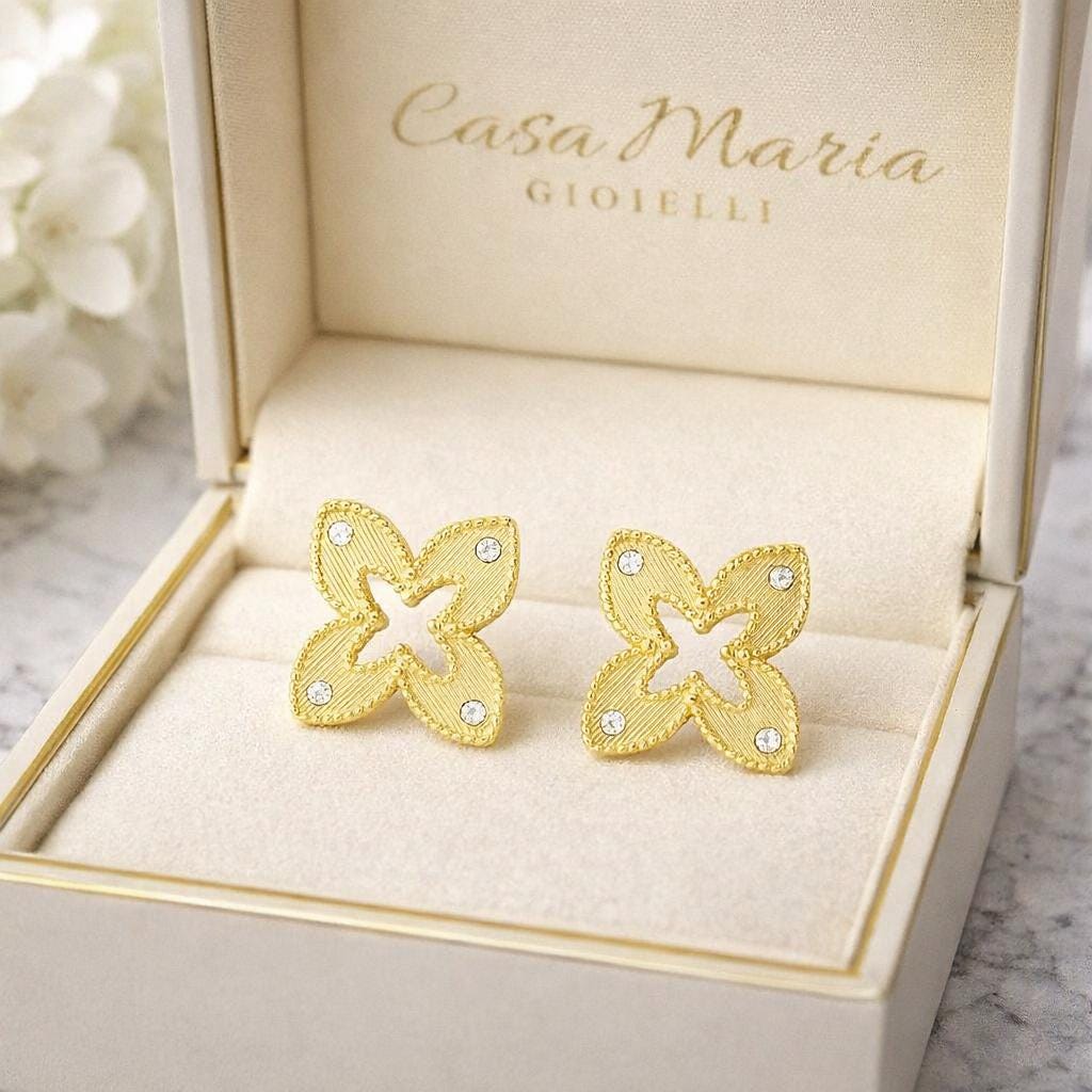 Fiore Rombo Stud Earringas | 24K Hollow Yellow Gold | Lab Grown Diamonds | Casa Maria Gioielli