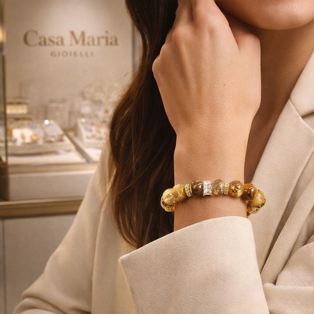 Natural Tiger Eye & Citrine Charm Bracelet – 10mm Round Gold Bead | Hand-Woven Single