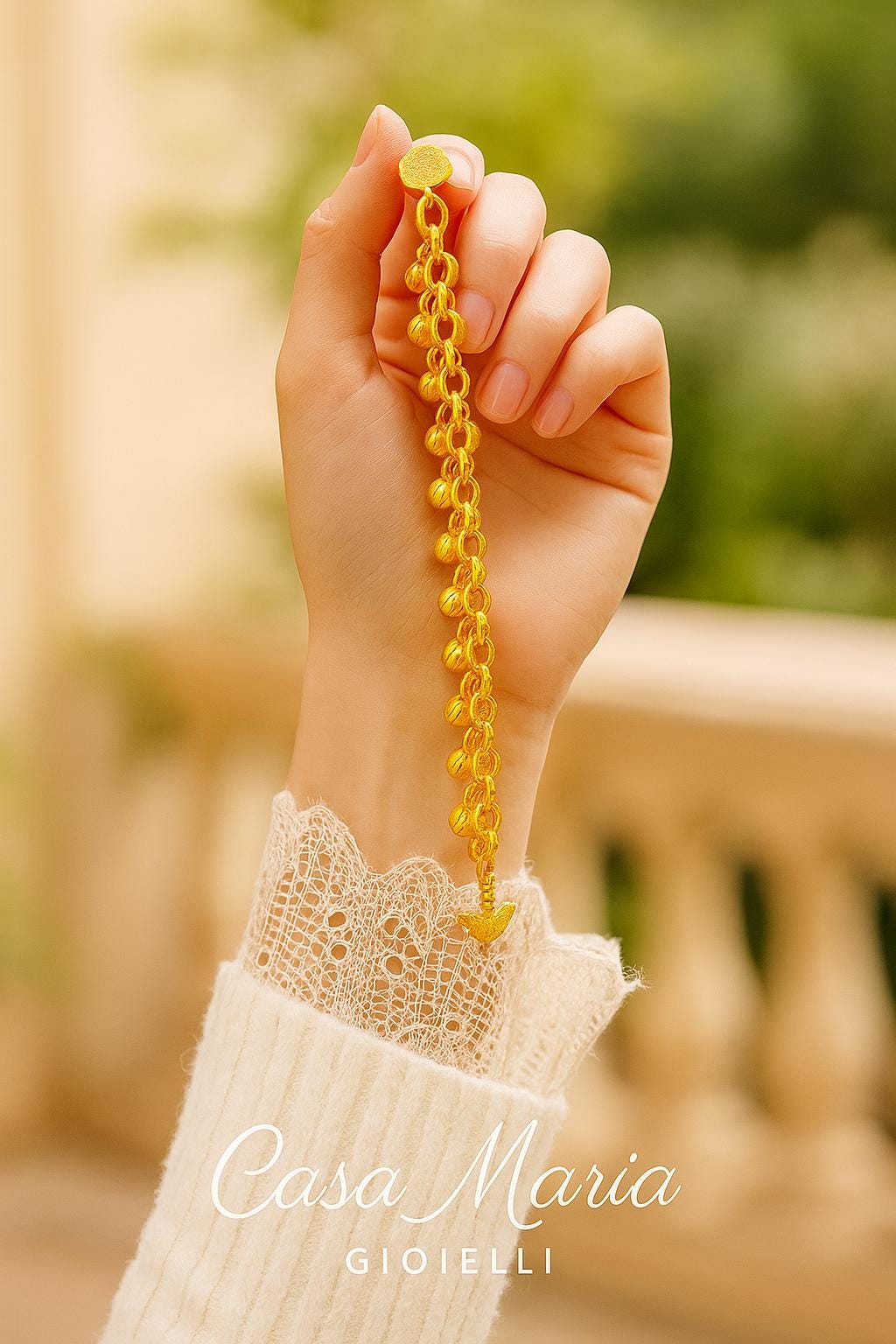 Bracciale Campanella Charm Bracelet - 24k Hollow Yellow Gold  -Casa Maria Gioielli