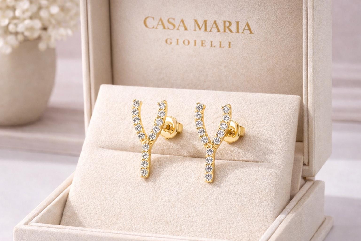 Fortuna Diamond Wishbone Studs | 14K Yellow Gold Lab Grown Diamonds | Casa Maria Gioielli