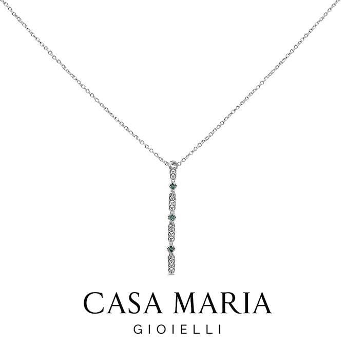 10K White Gold Bar Necklace: Lab Grown Diamond & Emerald Pendant
