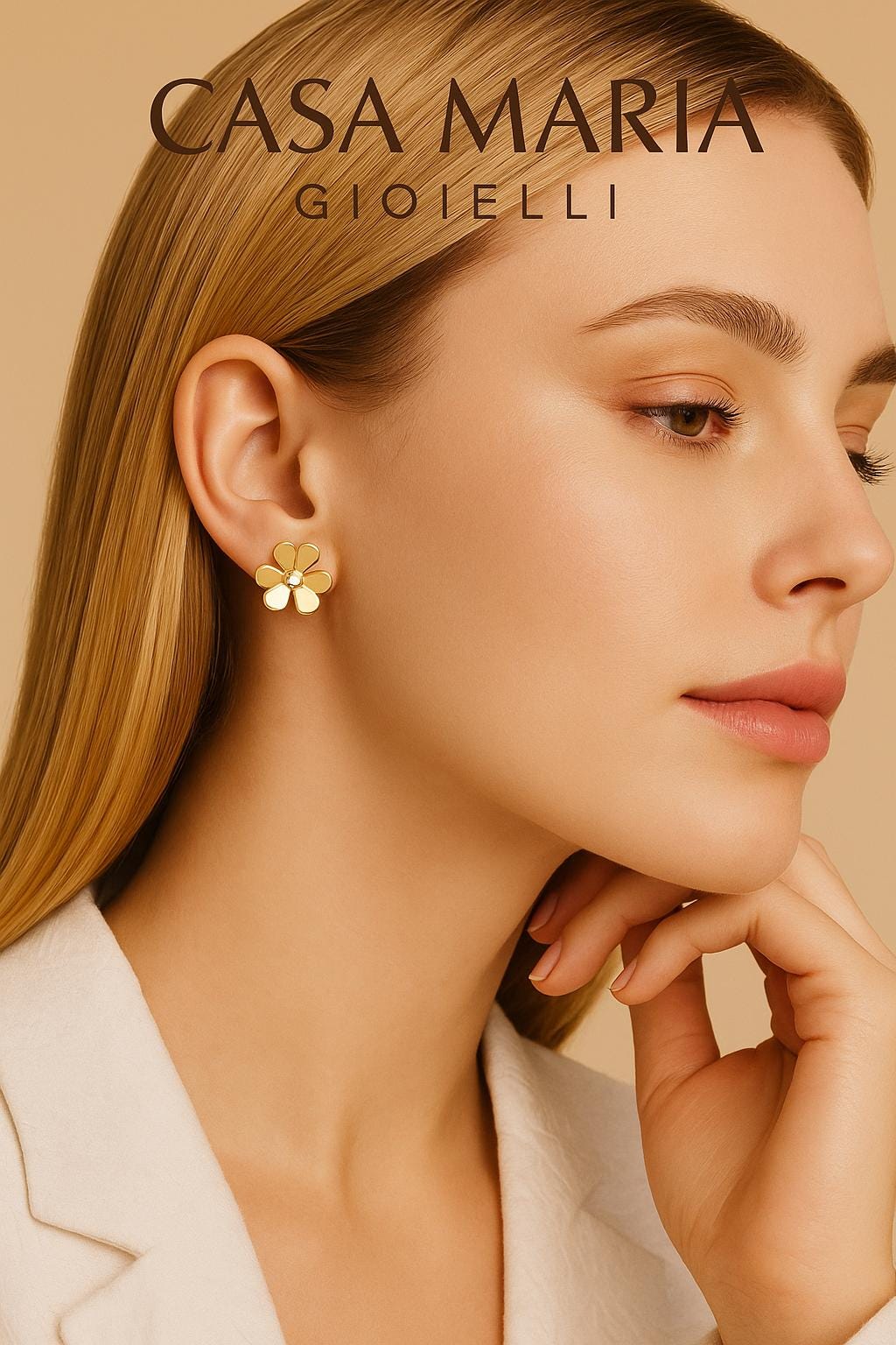 24K Gold Rose Stud Earrings: Casa Maria Gioielli, 0.32ct Diamond