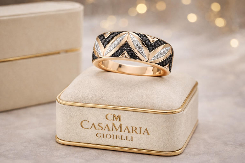 14K Yellow Gold Diamond Wedding Band | Black & White Diamond Ring