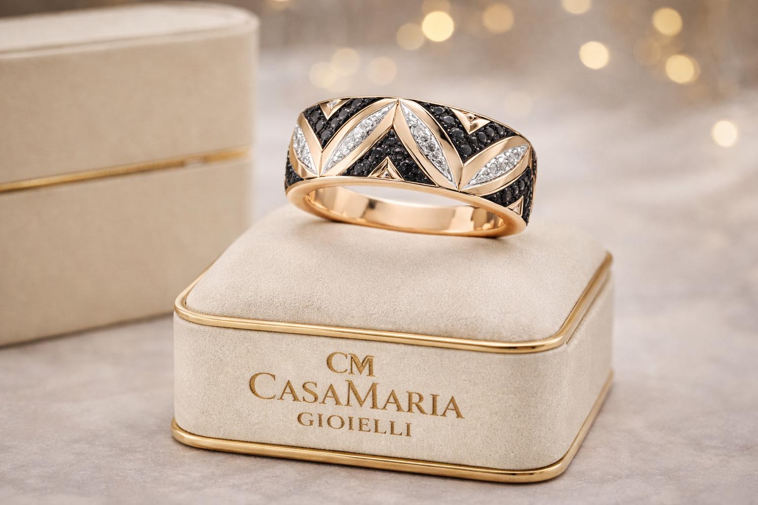 14K Yellow Gold Diamond Wedding Band | Black & White Diamond Ring