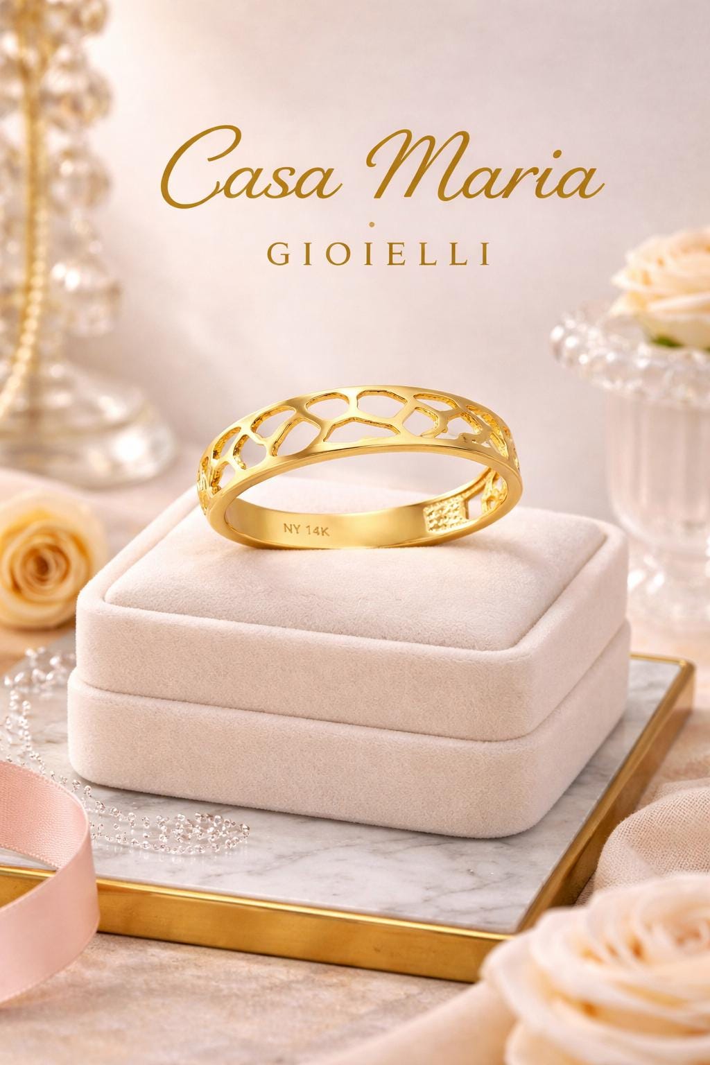 Anello “Luce Intagliata” Ring | 14K Yellow Gold | Openwork Stackable | Casa Maria Gioielli