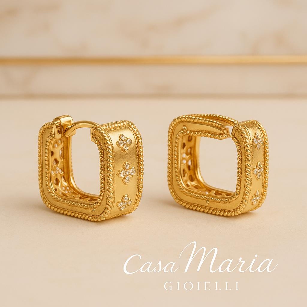 Quadrina Gold Hoop | 24K Hollow Yellow Gold Earrings | Lab Grown Diamonds | Casa Maria Gioielli