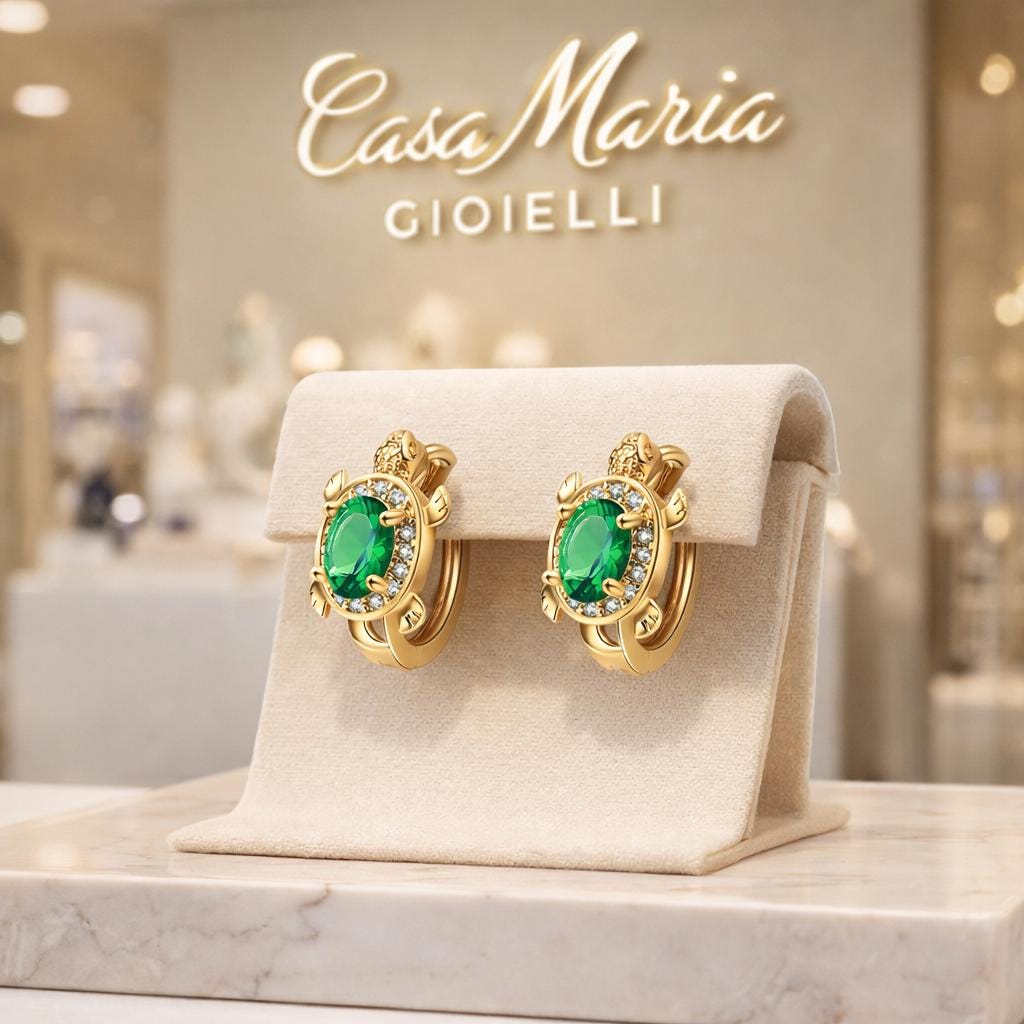 Tartaruga Smeraldo | 18K Gold Plated Earrings | Lab Grown Emeralds | Casda Maria Gioielli.