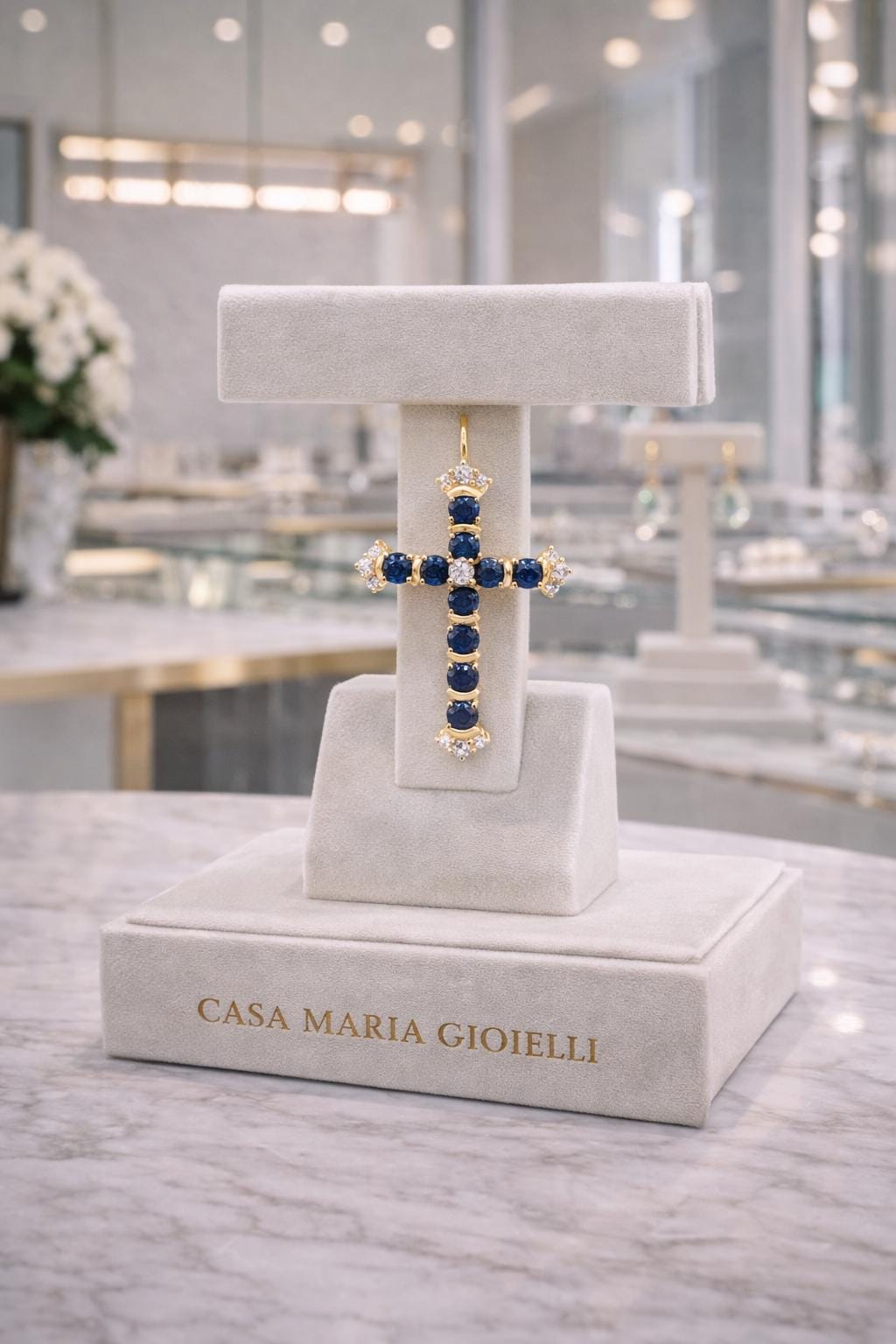 Croce di Zaffiri Reali | Royal Sapphire Cross 14k Solid Yellow Gold | Casa Maria Gioielli