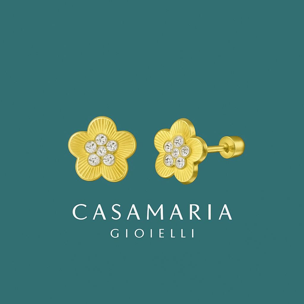 Margherita d’Oro Stud Earrings 14K Yellow Gold CZ Diamonds - Casa Maria Gioielli