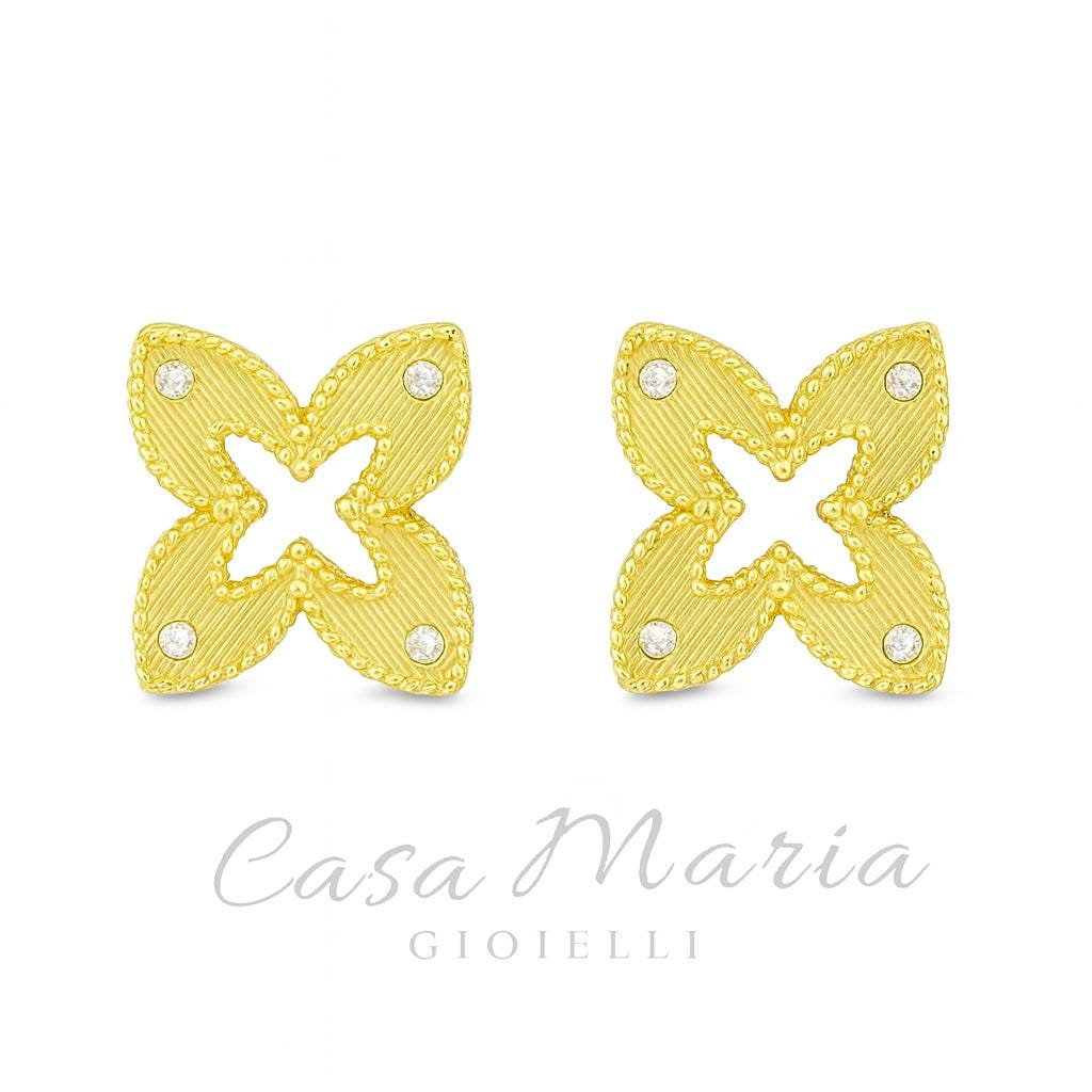 Fiore Rombo Stud Earringas | 24K Hollow Yellow Gold | Lab Grown Diamonds | Casa Maria Gioielli