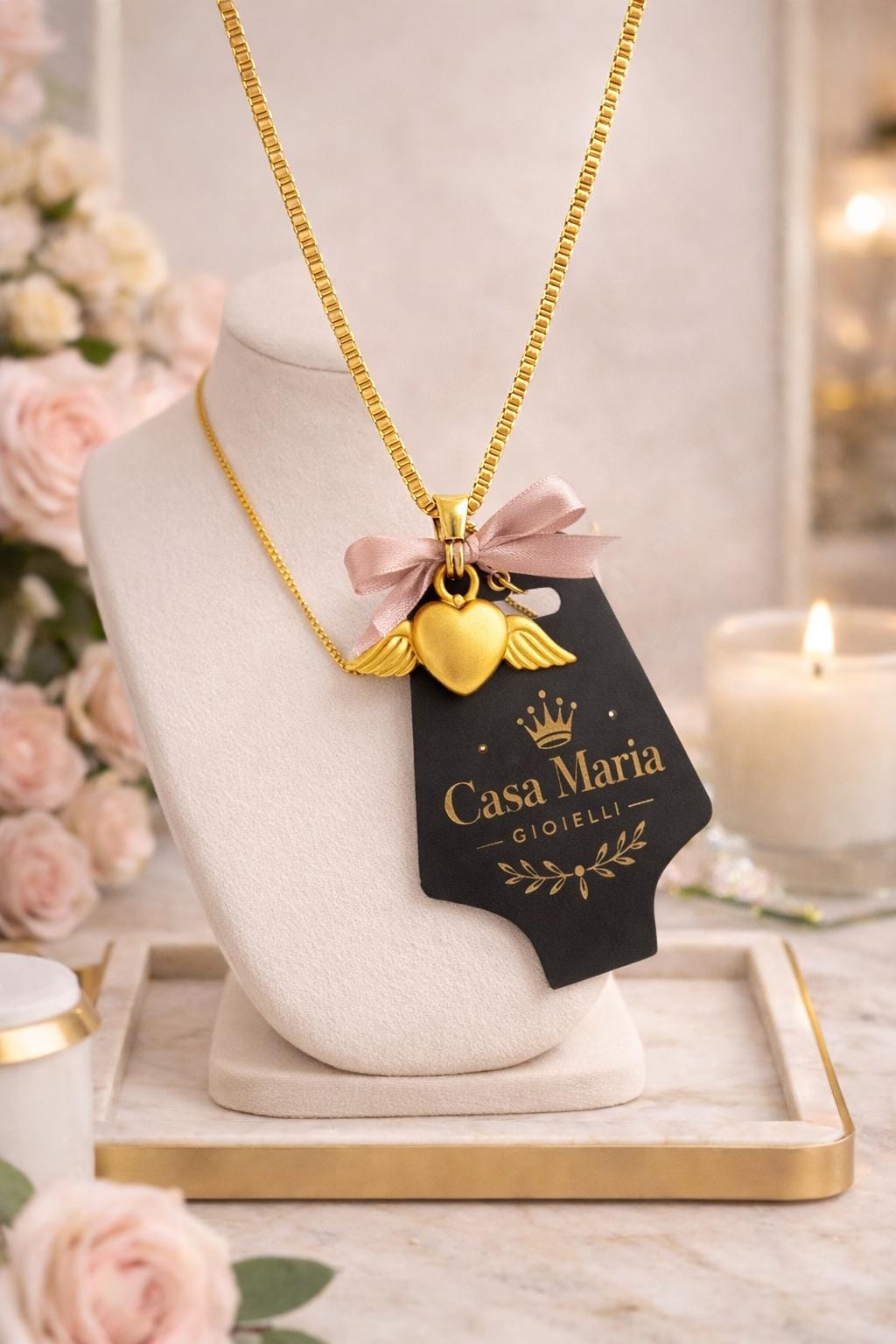24k Hollow Yellow Gold Winged Heart Necklace | Casa Maria Gioielli