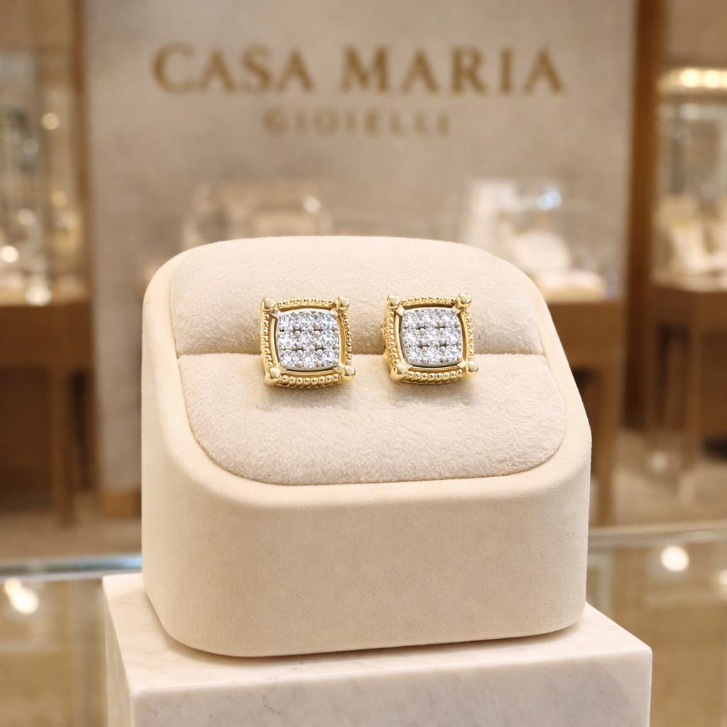 1/5 Carat Diamond Cluster Stud Earrings | 10K Yellow Gold Square Design