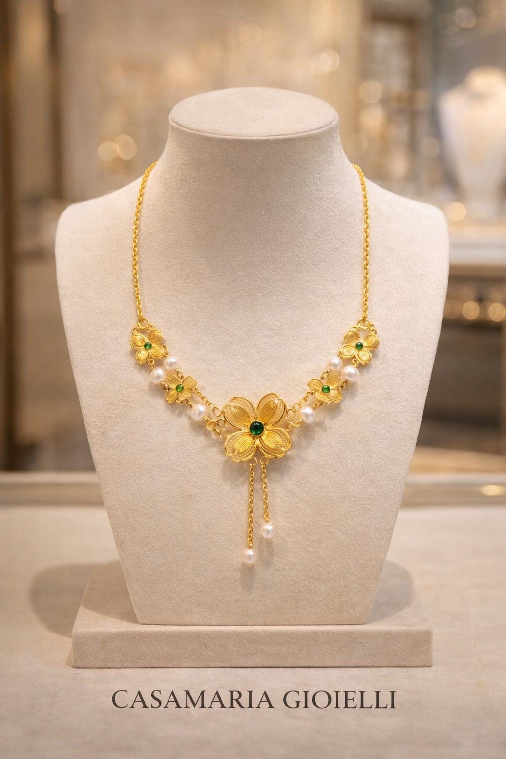 Emerald Flower Necklace | 18K Vermeil Gold, Freshwater Pearl