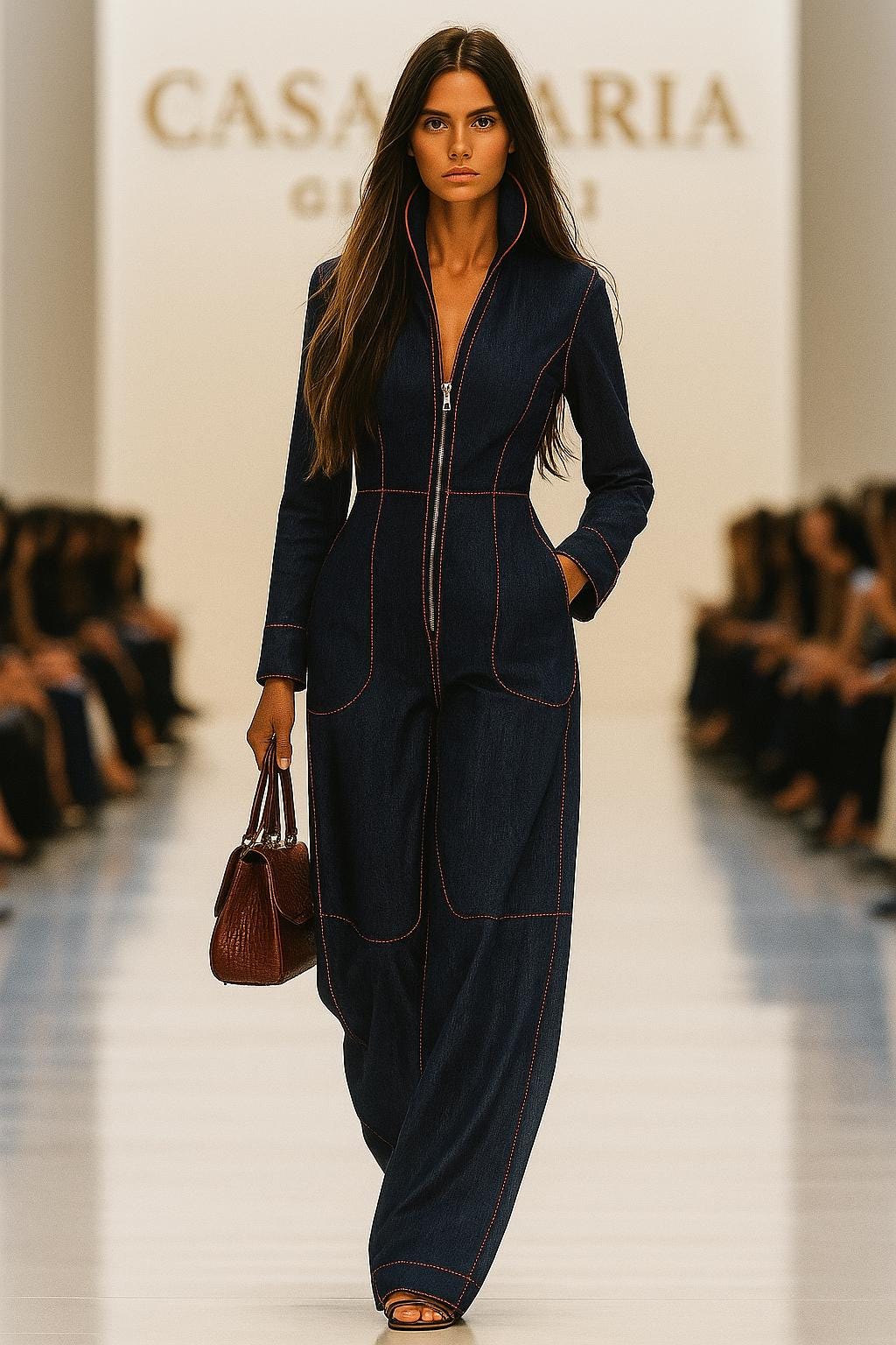 Vintage Denim Jumpsuit | Red Topstitching, Wide-Leg, Lapel Collar