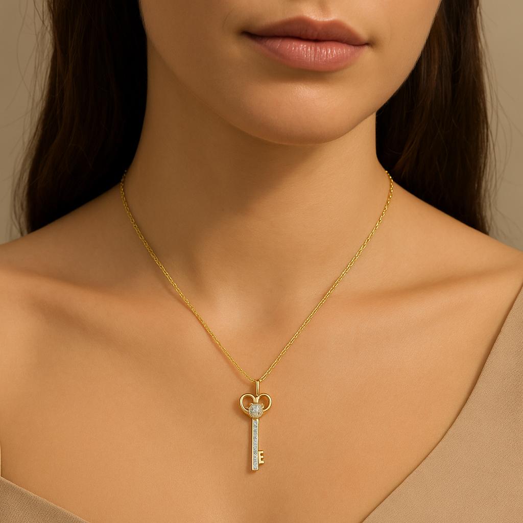 24K Gold Heart Key Necklace | Lab Grown Diamond Pendant